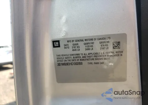 2012 Chevrolet Impala Lt from USA, damaged, VIN 2G1WG5E31C1302050